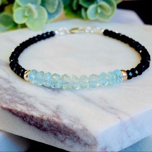 Aquamarine Bracelet Black Spinel Beaded Gemstone Handmade March Birthstone